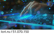 A hand performs a touch gesture on a glowing blue, high-tech interface. Стоковое AI-видео, аниматор Данила Большаков / Фотобанк Лори