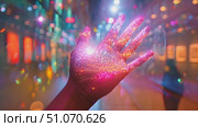 A hand, covered in shimmering sparkles, reaches towards a wall of blurry lights in a nighttime city. Стоковое AI-видео, аниматор Данила Большаков / Фотобанк Лори