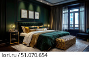 Luxurious dark green bedroom with gold accents, plush bedding, and elegant modern decor, showcasing upscale interior design and sophisticated ambiance with ambient lighting. Стоковое AI-изображение, AI-художник Катерина Бондарец / Фотобанк Лори