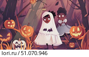Two children dressed in costumes walk through a forest filled with carved pumpkins on Halloween night. Стоковое AI-видео, аниматор Данила Большаков / Фотобанк Лори
