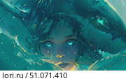 A woman with long dark hair and blue eyes is underwater. Стоковое AI-видео, аниматор Данила Большаков / Фотобанк Лори