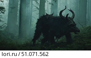 A shadowy beast moves stealthily through a fog-laden forest under a moonlit sky. Стоковое AI-видео, аниматор Данила Большаков / Фотобанк Лори