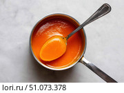 Creamy carrot soup simmering in stainless steel pot with spoon. Стоковое AI-изображение, AI-художник Юрий Поздников / Фотобанк Лори