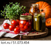 Консервированные овощи тыква микрозелень помидоры томаты маринованные огурчики огурцы. Стоковое AI-изображение, AI-художник Алёна Николенко / Фотобанк Лори