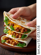 Chef holding stack of delicious quesadillas with lettuce, cheese, and meat. Стоковое AI-изображение, AI-художник Юрий Поздников / Фотобанк Лори