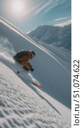 Skier glides through fresh powder under bright sun in stunning mountain landscape. Стоковое AI-видео, аниматор Сергей Толмачёв / Фотобанк Лори