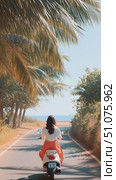 Woman riding scooter along palm tree lined road by the beach during sunny day. Стоковое AI-видео, аниматор Сергей Толмачёв / Фотобанк Лори