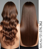 Hair care. Before and after the procedure. Hair mask, lamination, keratin straightening. Стоковое AI-изображение, AI-художник Ирина Гильмуллина / Фотобанк Лори