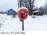 A winter rural landscape with a street payphone in the foreground. The bright red payphone is mounted on a metal stand in an orange protective booth, covered with a cap of fresh snow. In the background are two wooden village houses: one bright blue, the other dark brown with green window frames. The whole scene is shrouded in a thick blanket of snow, with dry grass sticking out from among it. On the horizon are bare winter trees and an overcast sky. The atmosphere of the frame conveys the silence and solitude of a winter village. Стоковое фото, фотограф Анна Кривицкая / Фотобанк Лори