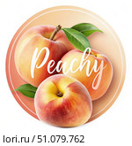 Ripe Peaches With Peachy Text on a Circular Orange Background. Generative AI. Стоковое AI-изображение, AI-художник Roman Zavorotny / Фотобанк Лори