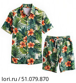 Tropical Floral Print Short Sleeve Shirt And Shorts Set. Generative AI. Стоковое AI-изображение, AI-художник Roman Zavorotny / Фотобанк Лори
