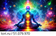 Cosmic Meditation With Illuminated Chary System. Generative AI. Стоковое AI-изображение, AI-художник Roman Zavorotny / Фотобанк Лори