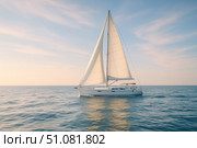A white sailboat glides across calm waters under a clear sky. The sails are fully extended, catching the gentle breeze. The scene conveys tranquility and adventure. Стоковое AI-изображение, AI-художник Nart / Фотобанк Лори