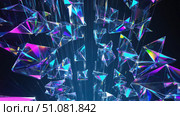 Colorful geometric shapes create a dynamic pattern against a dark background. The scene features various prisms reflecting light in vibrant hues. Стоковое AI-изображение, AI-художник Nart / Фотобанк Лори
