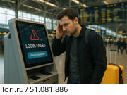 A frustrated young Caucasian man with short dark hair stands at an airport kiosk displaying a 'LOGIN FAILED' message. He holds his head in distress, with a yellow suitcase nearby. Стоковое AI-изображение, AI-художник Nart / Фотобанк Лори