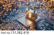 A metallic padlock sits on a microchip surrounded by glowing circuit patterns. The scene represents cybersecurity and digital protection. Стоковое AI-видео, аниматор Nart / Фотобанк Лори