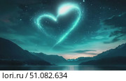 A starry night sky with a glowing heart shape formed by stars. Mountains and a calm lake reflect the celestial scene, creating a serene atmosphere. Стоковое AI-видео, аниматор Nart / Фотобанк Лори