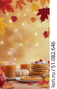 Autumn scene with pancakes, pumpkin, and warm drinks. Colorful leaves surround the table, creating a cozy atmosphere. Стоковое AI-видео, аниматор Nart / Фотобанк Лори
