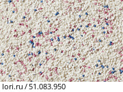 White cat litter round particles surface with small blue colored particles, top view. Granules of pet white-gray litter background. Dog litter texture backdrop with small dots. Flat lay, copy space. Стоковое AI-изображение, AI-художник Марина Демидюк / Фотобанк Лори