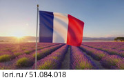 French flag waving in a lavender field during sunrise. The vibrant colors of the flag contrast with the purple flowers, symbolizing Bastille Day celebrations. Стоковое AI-видео, аниматор Nart / Фотобанк Лори