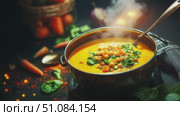 A steaming bowl of vegetable soup with carrots, spinach, and chickpeas. The scene includes fresh vegetables and a wooden spoon. Стоковое AI-видео, аниматор Nart / Фотобанк Лори