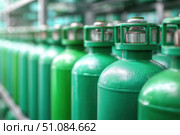 Green oxygen tanks. Bundle of gas cylinder and high pressure gauges, meter, valve. Many argon cylinders with compressed gas for industry, welding. Fuel manufacturing. Liquefied gas production, factory. Стоковое AI-изображение, AI-художник Марина Демидюк / Фотобанк Лори
