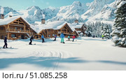 Snowy mountain resort with wooden chalets. People skiing and enjoying winter sports. Clear blue sky and snow-covered landscape create a picturesque scene. Стоковое AI-видео, аниматор Nart / Фотобанк Лори