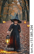 A young Asian girl wearing a black witch costume and a pointed hat walks through a forest path covered in autumn leaves, holding a lantern. Jack-o'-lanterns are visible. Стоковое AI-видео, аниматор Nart / Фотобанк Лори