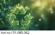 A green recycling symbol made of leaves and plants. The background is softly blurred with natural light, emphasizing sustainability and environmental awareness. Стоковое AI-видео, аниматор Nart / Фотобанк Лори