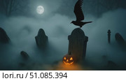 A spooky graveyard scene at night with fog. A carved pumpkin glows on the ground. A crow sits on a gravestone under a full moon. Стоковое AI-видео, аниматор Nart / Фотобанк Лори
