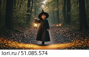 A young girl wearing a black witch costume and a pointed hat holds a lantern in a forest path surrounded by autumn leaves. Halloween theme. Стоковое AI-видео, аниматор Nart / Фотобанк Лори