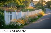 Tranquil country road with a white picket fence and blooming flowers. Стоковое AI-изображение, AI-художник Katsiaryna Repich / Фотобанк Лори