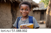 Happy little african boy with school bag holding and hugging his books near village adobe house. Black African children from disadvantaged families study in school, read books, receive primary education, volunteer service. Стоковое AI-изображение, AI-художник ALLA YURTAYEVA / Фотобанк Лори