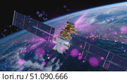 Satellite launches into orbit to observe Earth from high above at nighttime with beautiful light patterns. Стоковое AI-видео, аниматор Сергей Толмачёв / Фотобанк Лори