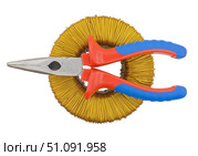 Плоскогубцы и торроидальный трансформатор на белом фоне. Pliers and a toroidal transformer on a white background. Стоковое фото, фотограф Татьяна Д / Фотобанк Лори