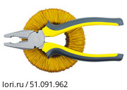 Плоскогубцы и торроидальный трансформатор на белом фоне. Pliers and a toroidal transformer on a white background. Стоковое фото, фотограф Татьяна Д / Фотобанк Лори