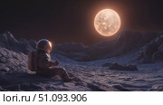 Astronaut gazes at distant sun while sitting on lunar surface during a serene moment in space. Стоковое AI-изображение, AI-художник Михаил Коханчиков / Фотобанк Лори