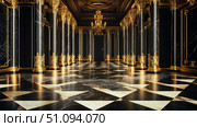 Elegantly designed palace black hall with marble floor and golden columns. Стоковое AI-изображение, AI-художник Михаил Коханчиков / Фотобанк Лори