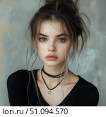 Young Woman With Flawless Skin and Captivating Eyes Poses Against a Textured Backdrop. Стоковое AI-изображение, AI-художник Юлия Гапеенко / Фотобанк Лори
