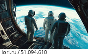 Astronauts looking at Earth planet from a space station during a mission in low Earth orbit. Стоковое AI-изображение, AI-художник Михаил Коханчиков / Фотобанк Лори