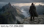 Epic fantasy character standing on a mountain overlook, gazing into the misty valley below. Стоковое AI-изображение, AI-художник Ксения Лаптева / Фотобанк Лори