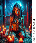 Cinematic Close Up of a Tattooed Woman Performing a Ritual in a Dark Room. Generative AI. Стоковое AI-изображение, AI-художник Roman Zavorotny / Фотобанк Лори