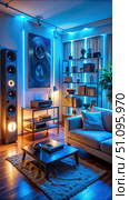 Modern Living Room With Ambient Blue Lighting and Cozy Furnishings. Generative AI. Стоковое AI-изображение, AI-художник Roman Zavorotny / Фотобанк Лори