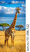 A Single Giraffe Standing Tall in the African Savanna on a Sunny Day. Generative AI. Стоковое AI-изображение, AI-художник Roman Zavorotny / Фотобанк Лори