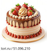 A Two-Tiered Chocolate Cake With Strawberries and Whipped Cream on a White Background. Generative AI. Стоковое AI-изображение, AI-художник Roman Zavorotny / Фотобанк Лори