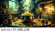 A Mystical Kitchen Scene With a Bubbling Cauldron and Green Smoke. Generative AI. Стоковое AI-изображение, AI-художник Roman Zavorotny / Фотобанк Лори