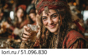 Joyful character in a medieval tavern enjoying a drink and sharing laughter with friends. Стоковое AI-изображение, AI-художник Ксения Лаптева / Фотобанк Лори