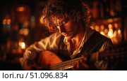 Musician plays haunting melody in medieval tavern filled with warm candlelight. Стоковое AI-изображение, AI-художник Ксения Лаптева / Фотобанк Лори