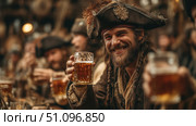Jolly pirate raising a mug in a lively medieval tavern filled with merry patrons. Стоковое AI-изображение, AI-художник Ксения Лаптева / Фотобанк Лори