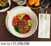 Poke bowl with salmon, avocado, wakame seaweed, fried onion. Стоковое фото, фотограф Яков Филимонов / Фотобанк Лори